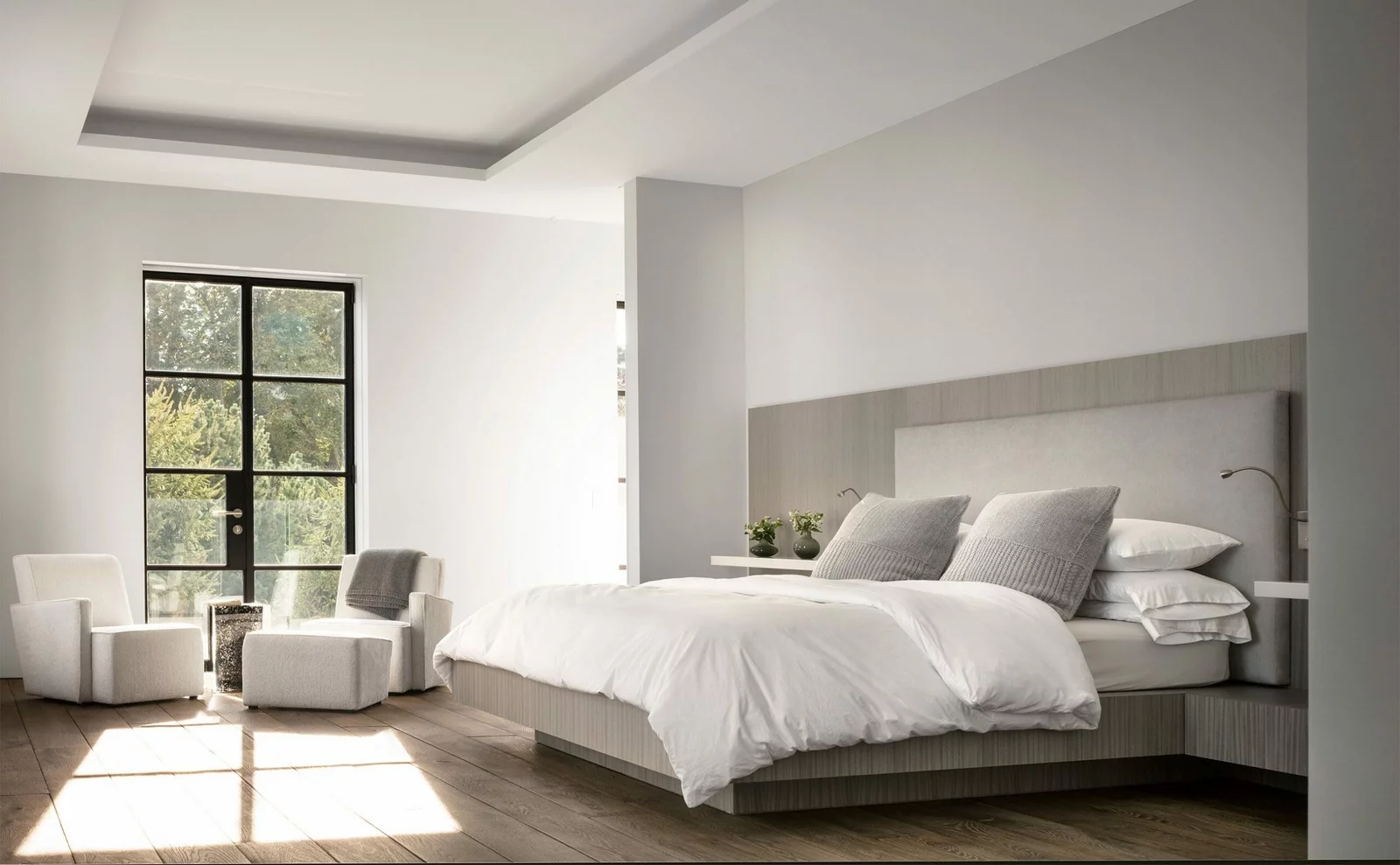 Bright and airy modern men's bedroom interior design