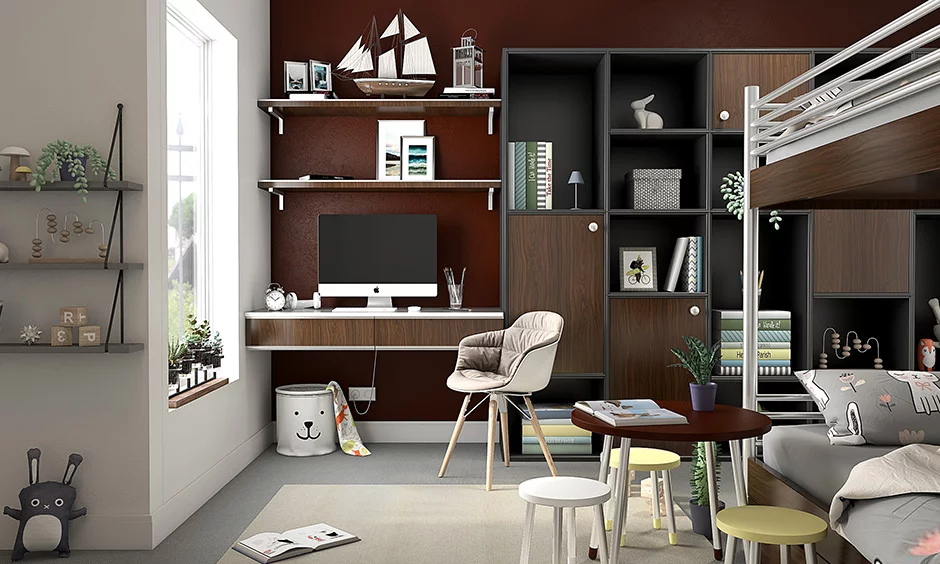 Brown and grey study corner in mens bedroom