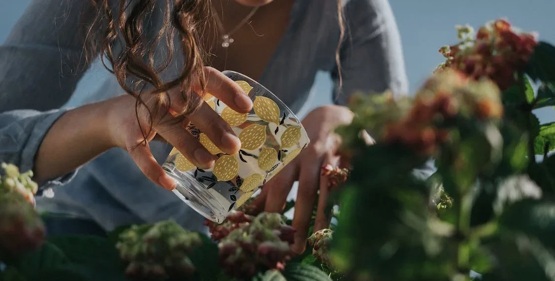 A girl watering the plants in the garden