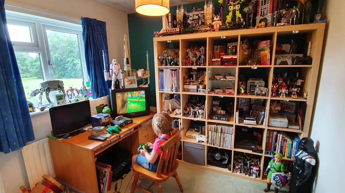 geeky collectables in gaming room
