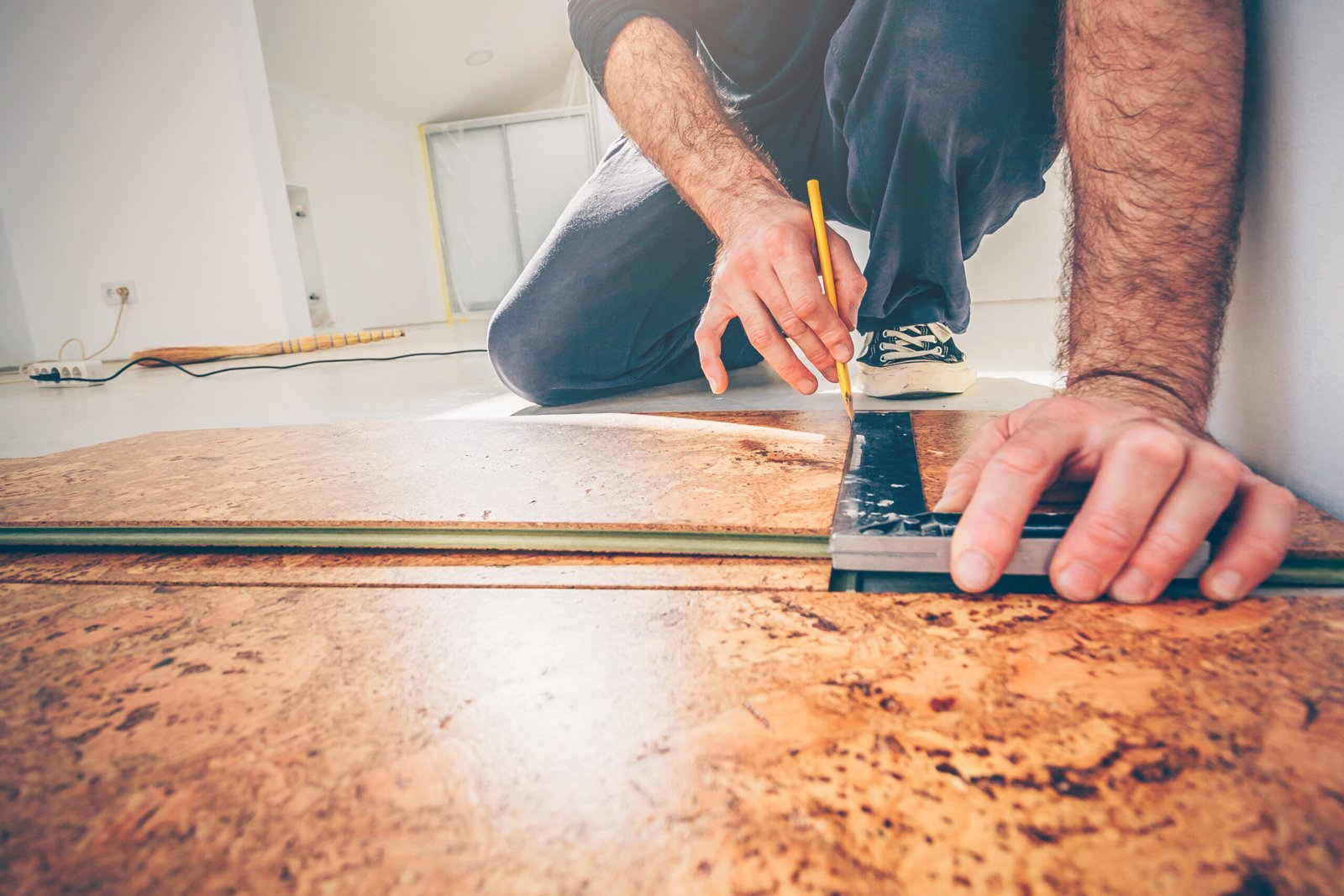 A Man Setting Cork Flooring