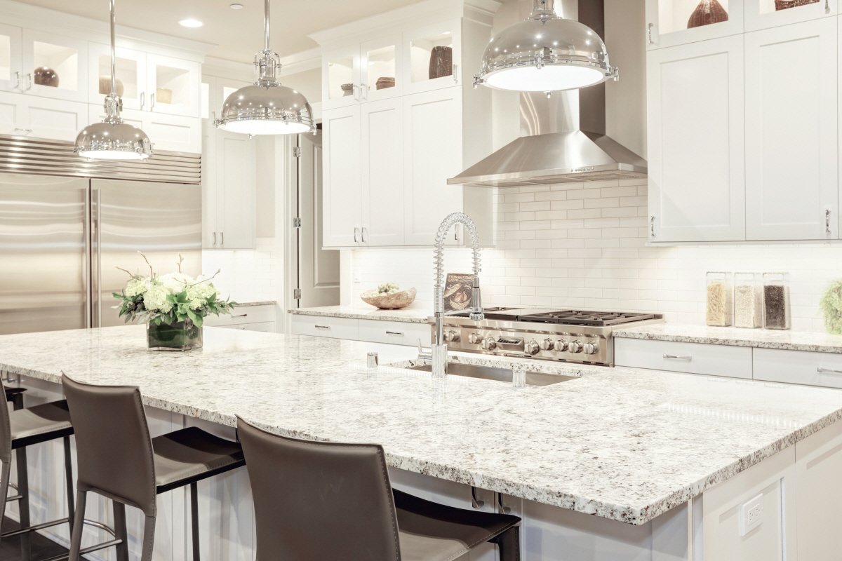 white granite countertops in the kitchen