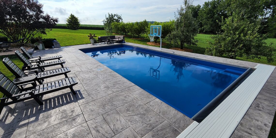 modern stamped concrete pool deck
