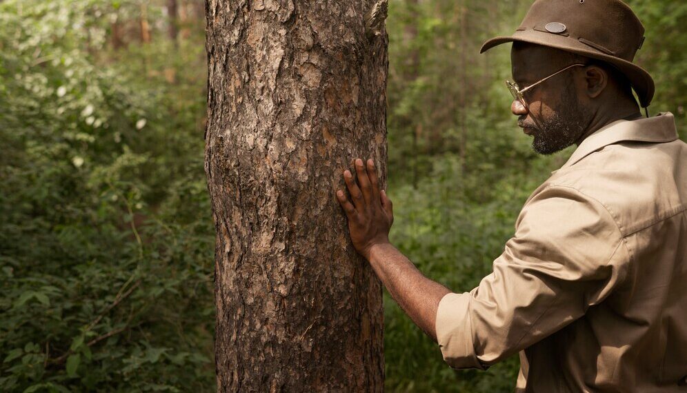 Side view forest warden looking at tree for tree removal